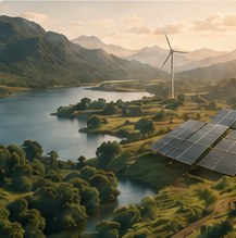 Vallée verdoyante traversée par une rivière, avec éoliennes et panneaux solaires.