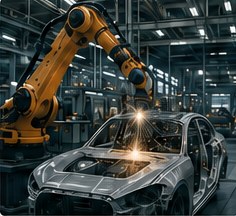 Bras robotisé soudant une carrosserie automobile sur une ligne d’assemblage.