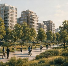 Allée arborée bordée d’immeubles résidentiels, avec passants et cyclistes.