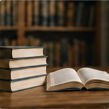 Pile de livres et ouvrage ouvert sur une table, devant une bibliothèque.