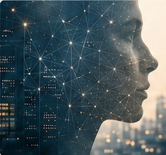 Visage humain de profil composé d’un réseau de points lumineux, devant une ville la nuit.