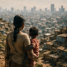 Une femme et un enfant de dos surplombant un quartier d’habitat dense.