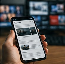 Main tenant un smartphone affichant un fil d’actualité, devant des écrans de télévision.