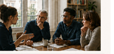 Quatre membres de l'équipe ECONOMIXTE en discussion autour d'une table