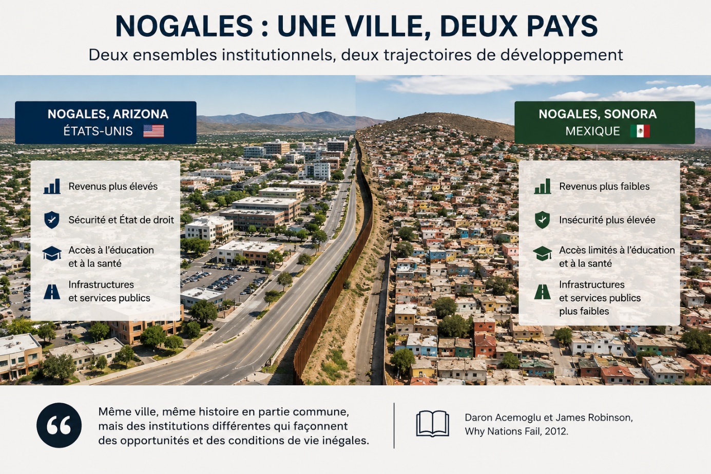 Vue aérienne de Nogales, ville coupée en deux par la frontière entre l'Arizona (États-Unis) et le Sonora (Mexique), avec la comparaison des indicateurs de développement de part et d'autre.