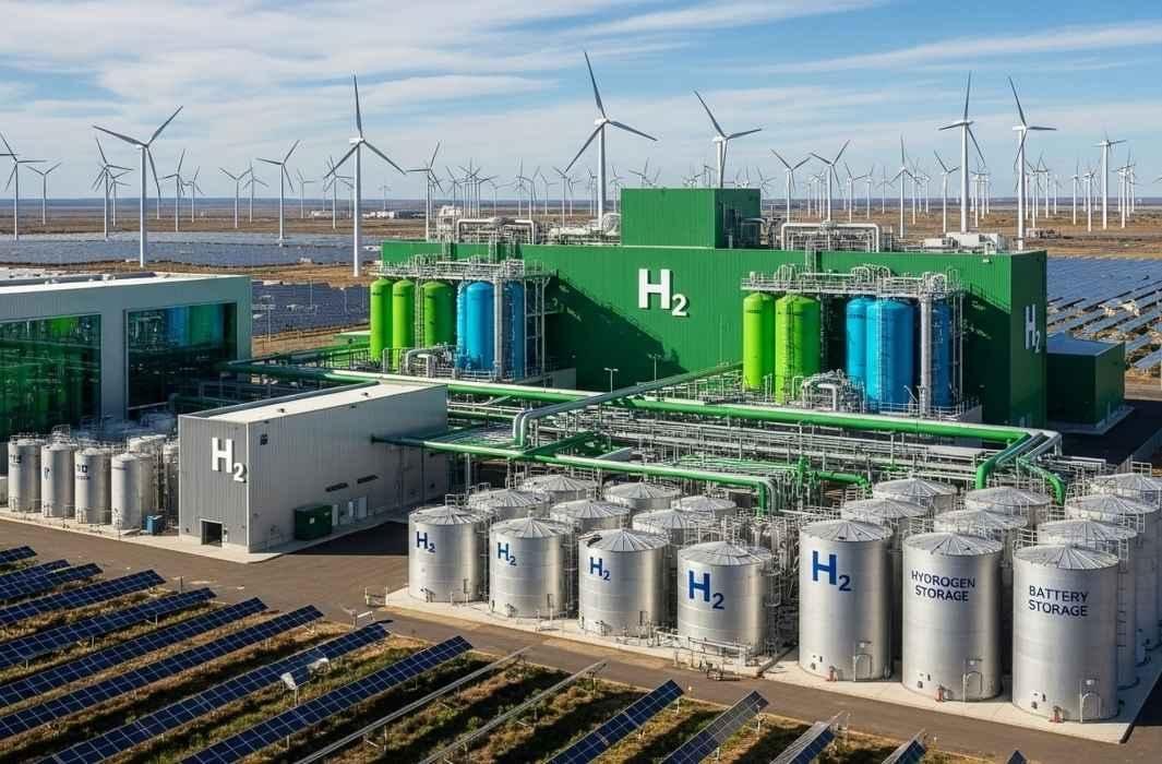 Site de production d’hydrogène vert avec éoliennes et panneaux solaires