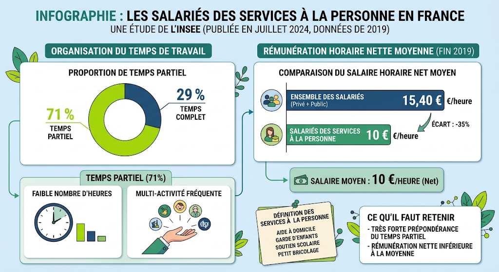 Infographie Insee sur les salariés des services à la personne en France : 71 % à temps partiel et une rémunération horaire nette moyenne de 10 euros contre 15,40 euros pour l’ensemble des salariés (données 2019).